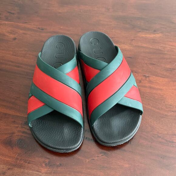 Gucci Web Pannelled Rubber Sandals Womens Slides size 9 green red - Picture 6 of 16